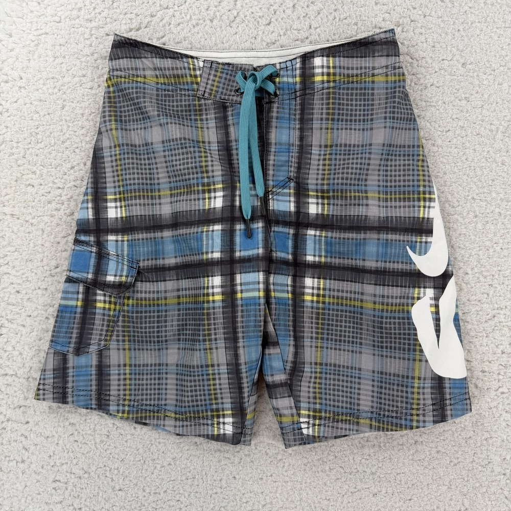 Nike 6.0 Board Shorts Boys 10 Gray Plaid Swim Trunks Cargo Pocket Drawstring NWT